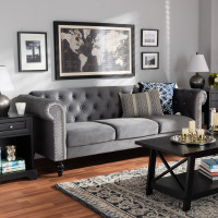 Baxton Studio Emma-Grey Velvet-SF Emma Traditional and Transitional Grey Velvet Fabric Upholstered and Button Tufted Chesterfield Sofa